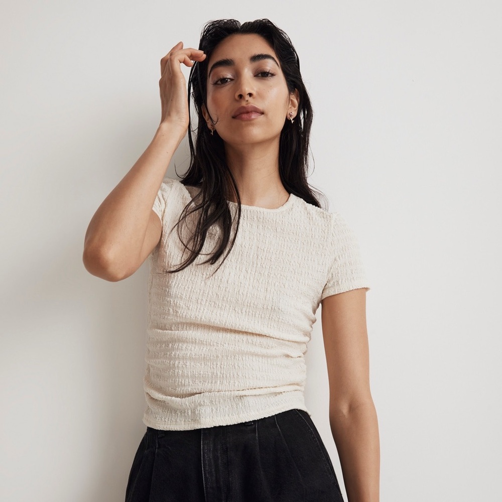 Madewell Cream Textured Ruched Baby Tee